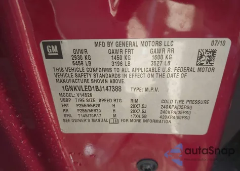 2011 Chevrolet Traverse Ltz z USA, uszkodzony, nr VIN 1GNKVLED1BJ147388